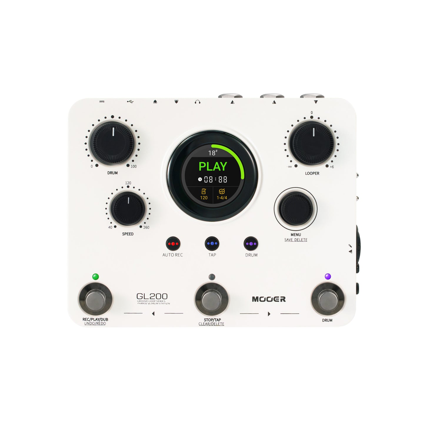 Pédale Mooer GL200, looper stéréo et boîte à rythmes, jusqu'à 300 minutes d'enregistrement, entrée combo XLR/Jack, MIDI, blanc