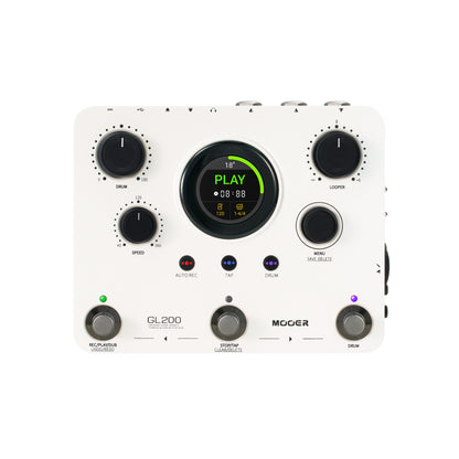 Pédale Mooer GL200, looper stéréo et boîte à rythmes, jusqu'à 300 minutes d'enregistrement, entrée combo XLR/Jack, MIDI, blanc