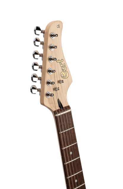 G250, corps tilleul, manche érable, touche jatoba, 1 micro double et 2 simples Cort Alnico V, trémolo, argent métallisé