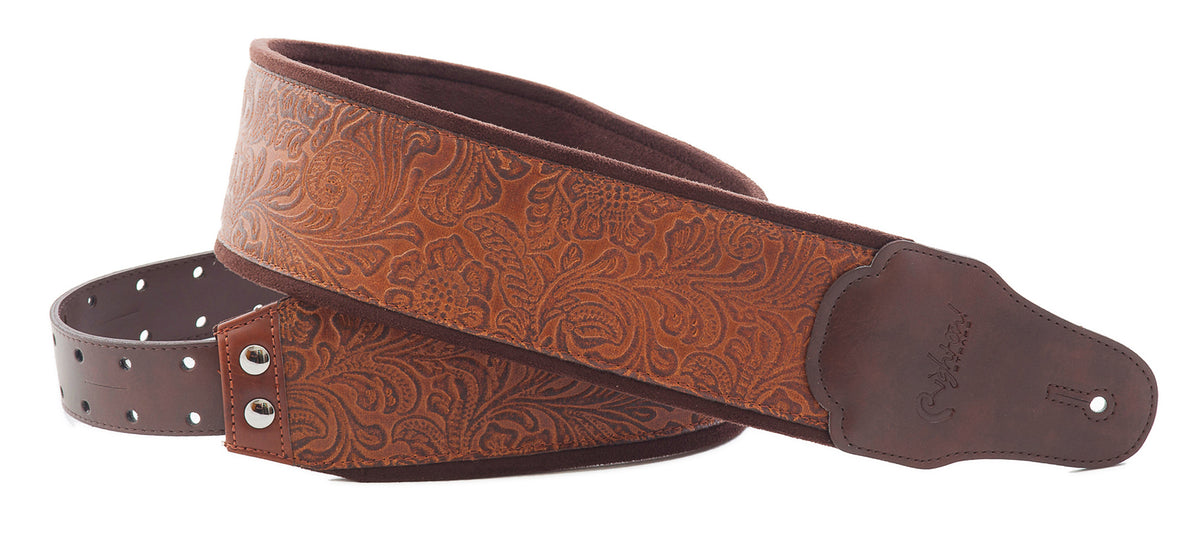 Courroie modèle B-SANDOKAN, extérieur synthétique, largeur 8 cm, longueur 98 à 153 cm, porte-médiators intégré, woody