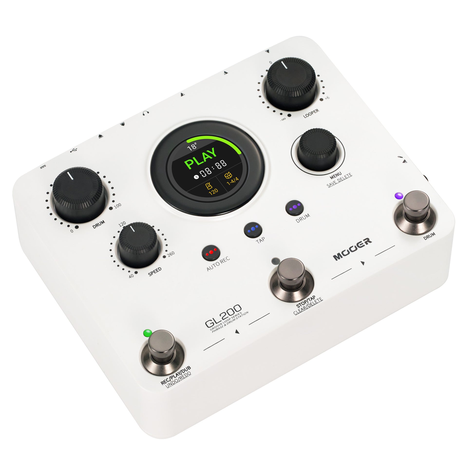 Pédale Mooer GL200, looper stéréo et boîte à rythmes, jusqu'à 300 minutes d'enregistrement, entrée combo XLR/Jack, MIDI, blanc
