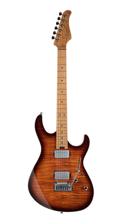 G290 FAT II, corps sassafras, table érable flammé, manche et touche érable torréfié, 2 micros Voiced Tone VTH-77, violin burst