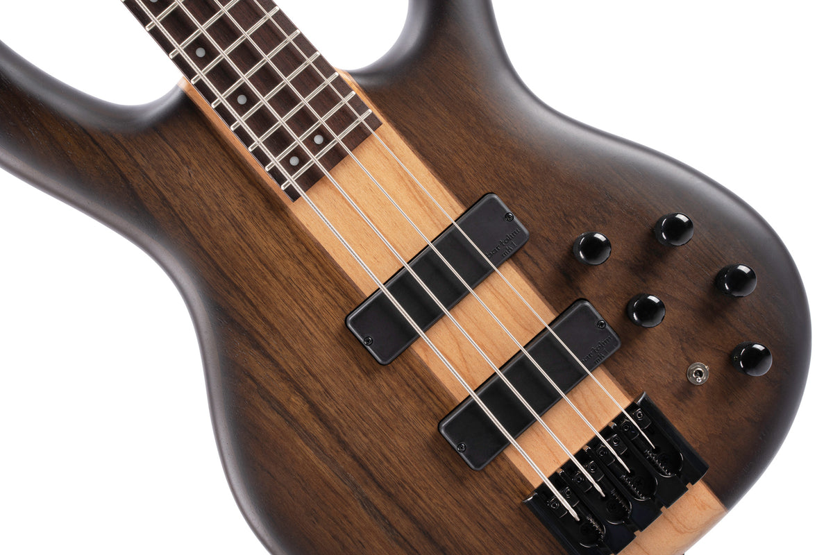 C4 Plus OVMH, corps acajou avec table ovangkol/érable, micros Bartolini MK-1 et préampli Markbass, brun antique dégradé