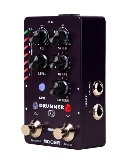 Pédale DRUMMER X2, boite à rythmes stéréo, 11 styles avec 11 grooves différents pour chacun, 7 presets utilisateurs, noir