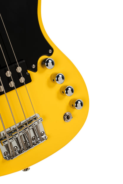 GB-SC4, basse short scale 4 cordes, corps peuplier, humbucker Cort Powersound, préampli Markbass MB-1, yellow crush