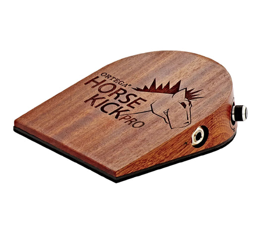 Pédale Horse Kick Pro, acajou massif, cinq sons de percussions, entrée et sortie jack 6.35, pile 9V et adaptateur (fourni)