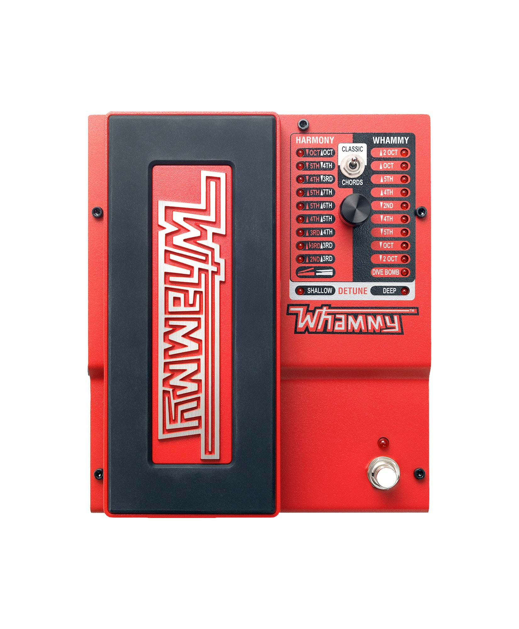 Pédale WHAMMY V, harmoniseur guitare, modes Classic et Chords, 9 presets harmoniseur, 10 presets Whammy, 2 presets Detune, rouge