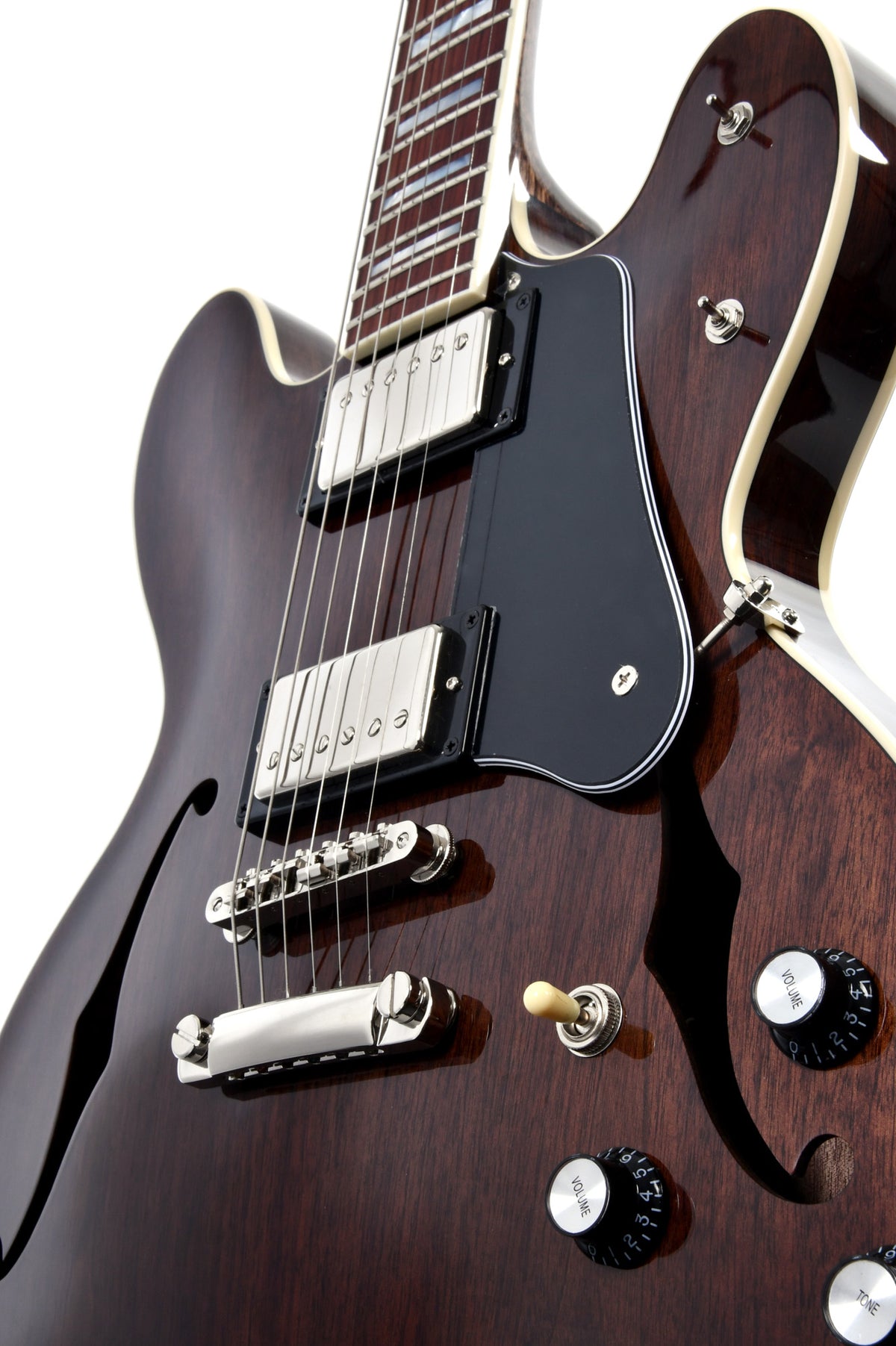 Modèle HBW-102H, Forme Semi-Hollow, table noyer noir, f/e noyer noir, touche palissandre, 2 micros Humbucker, dark stain, étui