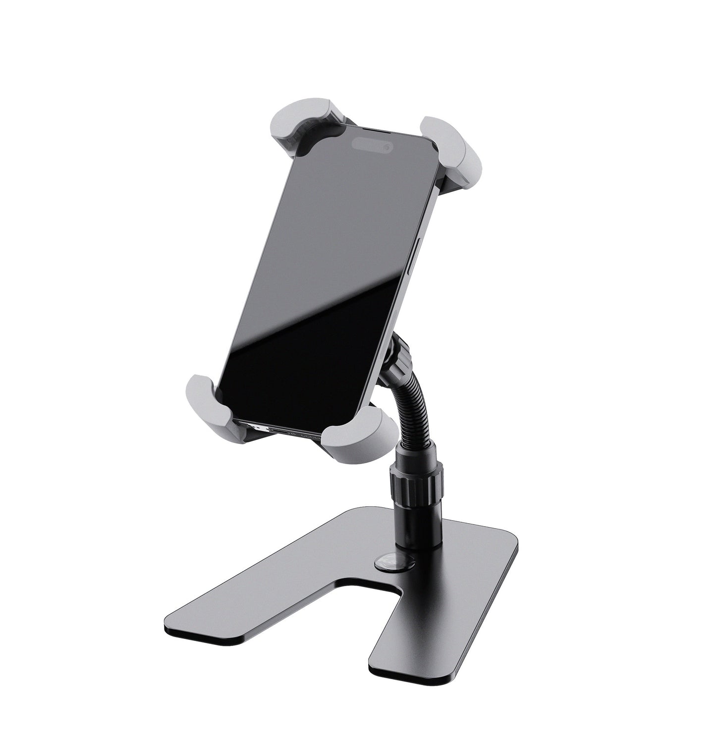 Support tablette de table design, acier et plastique, bras de maintien flexible, noir.