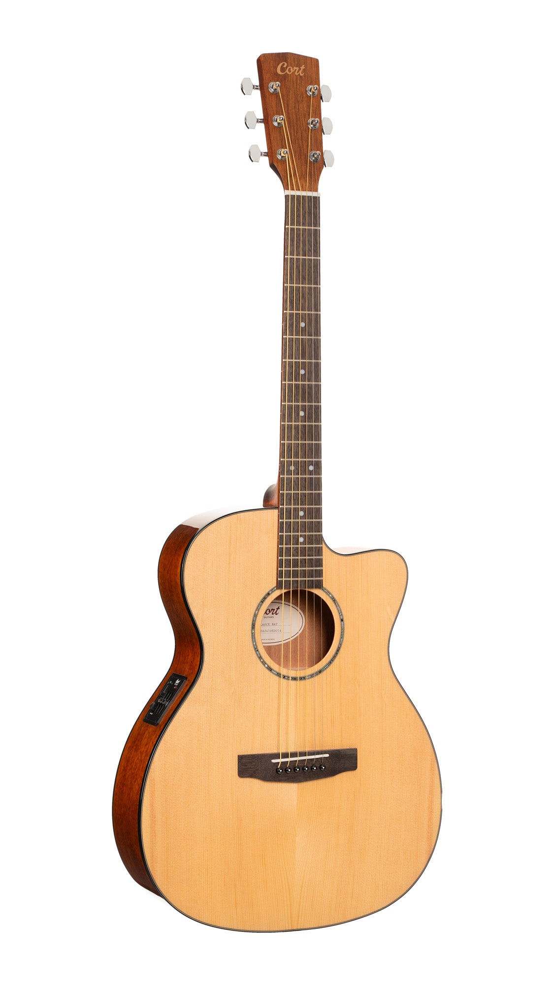 L60, forme Orchestra Model, pan coupé, table épicéa massif, fond & éclisses acajou, touche laurier, EQ CE304T, naturel brillant