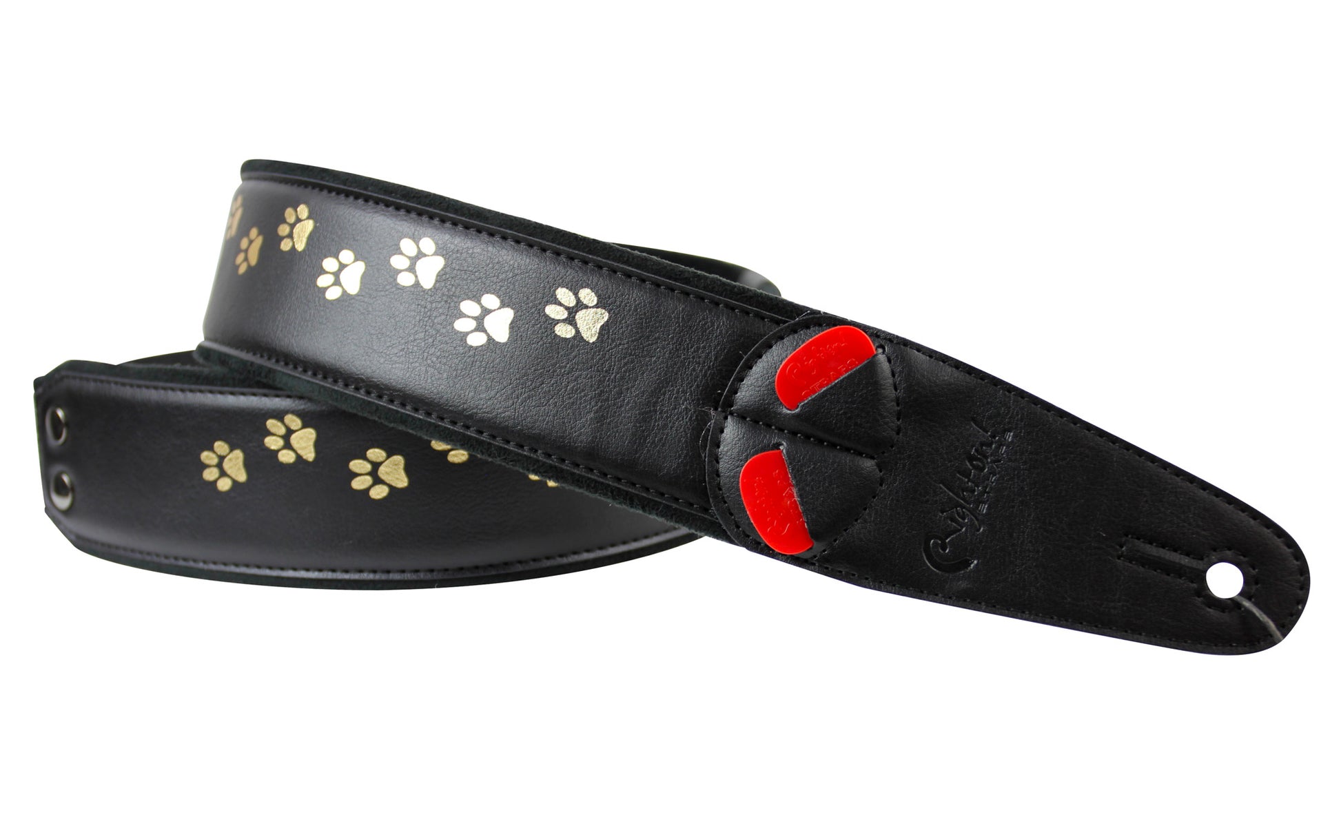 Courroie modèle CAT, extérieur synthétique, largeur 6 cm, longueur 100 à 145 cm, porte-médiators intégré, noir et doré