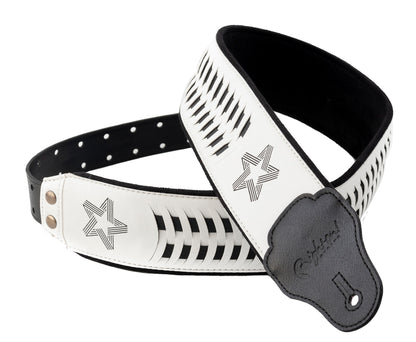 Courroie modèle PAUL TURNER SIGNATURE, extérieur synthétique, largeur 7 cm, longueur 95 à 150 cm, porte-médiators intégré, blanc