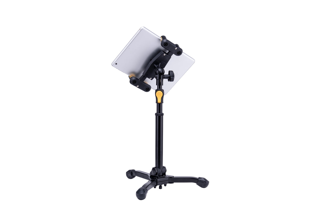 Support de table pour tablette et smartphone 6,1" à 13", hauteur 31,5 à 39,5 cm, rotation 360°, noir et jaune