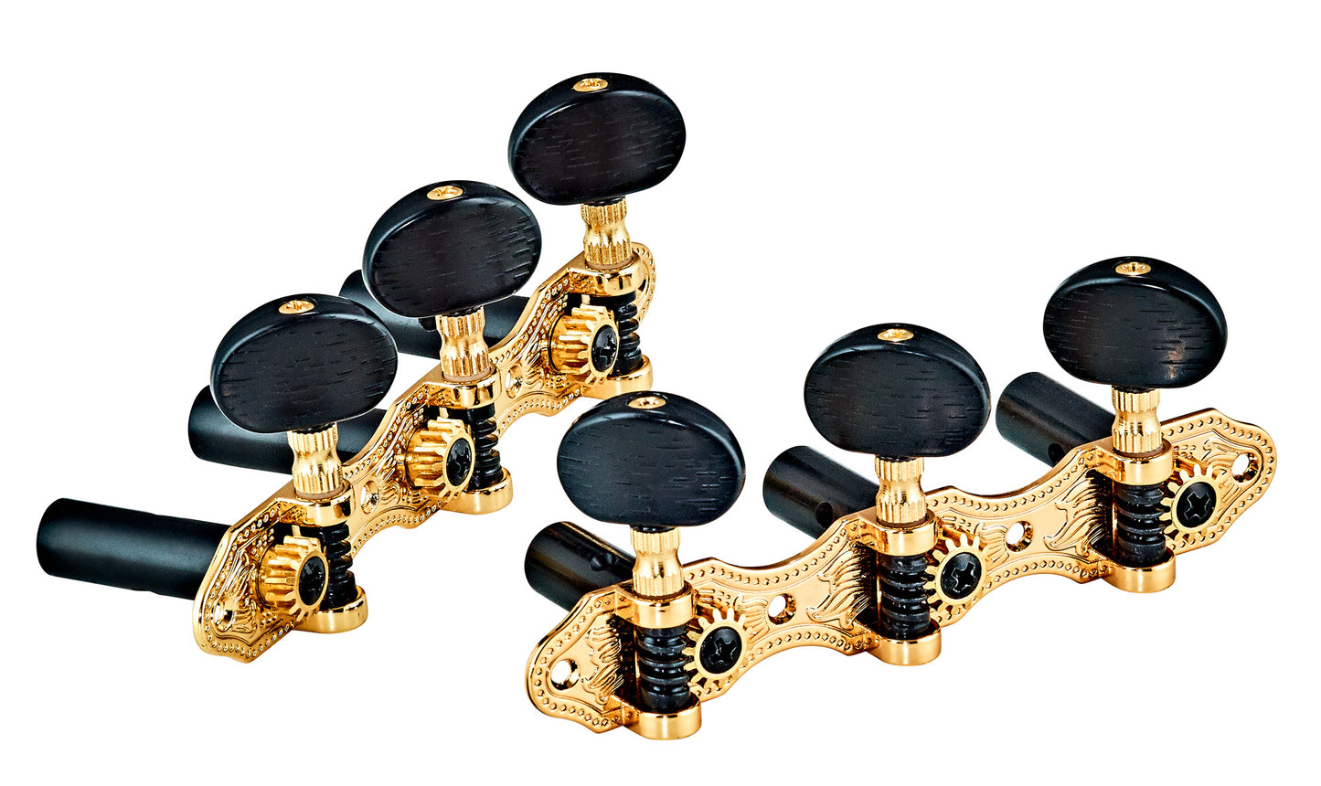 Jeu de mécaniques pour guitare classique série Deluxe, ratio 14:1, plaques dorées, boutons noirs style ébène