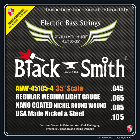 Jeu de cordes pour basse électrique 4 cordes (45-65-85-105), diapason 35", nickel filé rond, revêtement Nano Carbon AOT