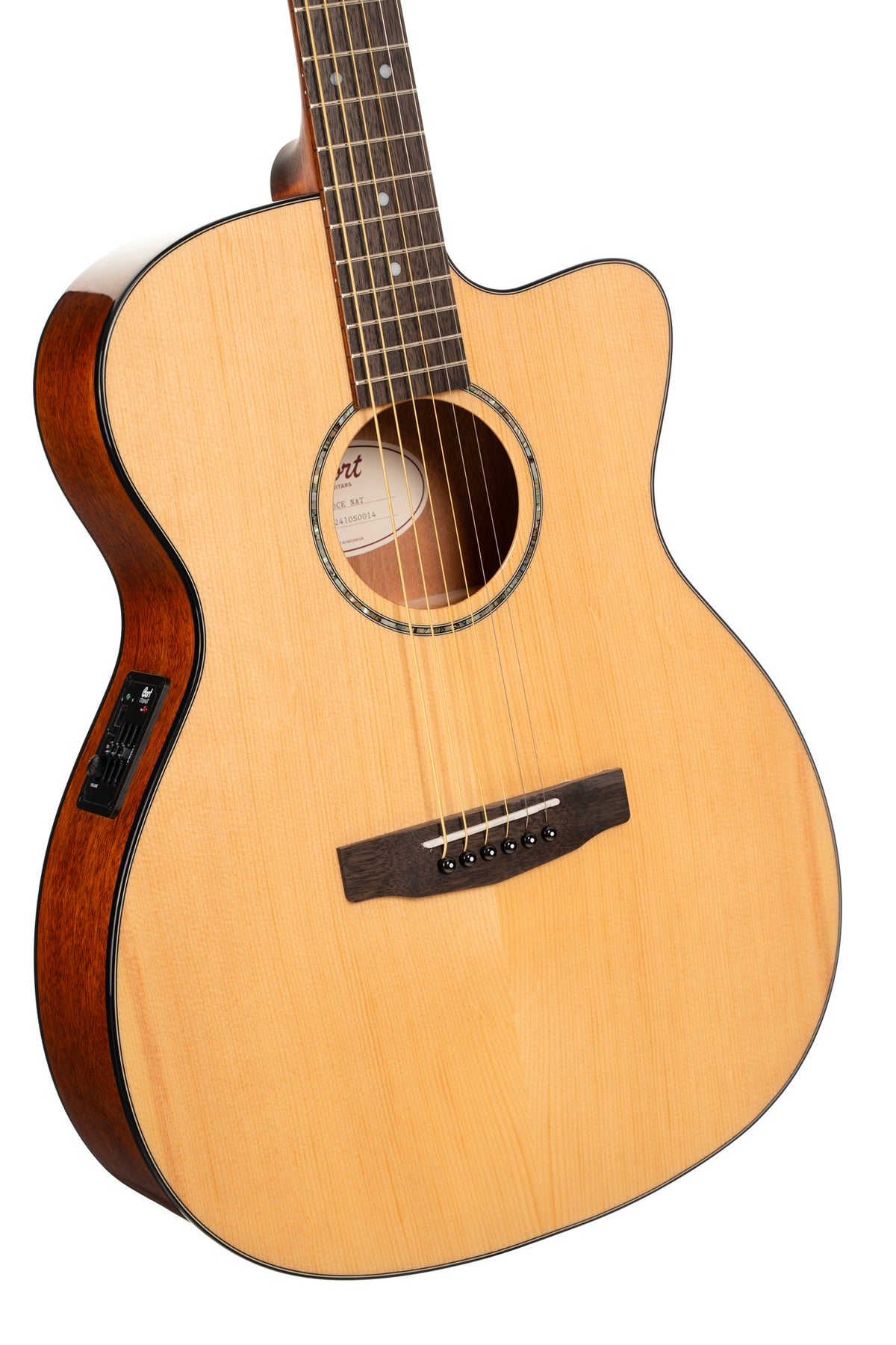 L60, forme Orchestra Model, pan coupé, table épicéa massif, fond & éclisses acajou, touche laurier, EQ CE304T, naturel brillant