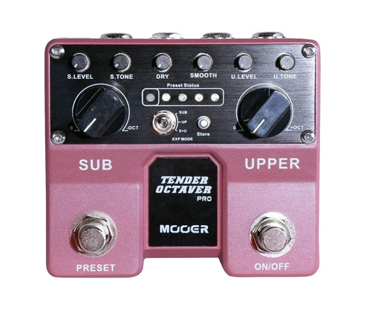 Pédale TENDER OCTAVER PRO, octaver polyphonique, octave supérieure et inférieure, 4 presets, boîtier métal, true bypass, rose