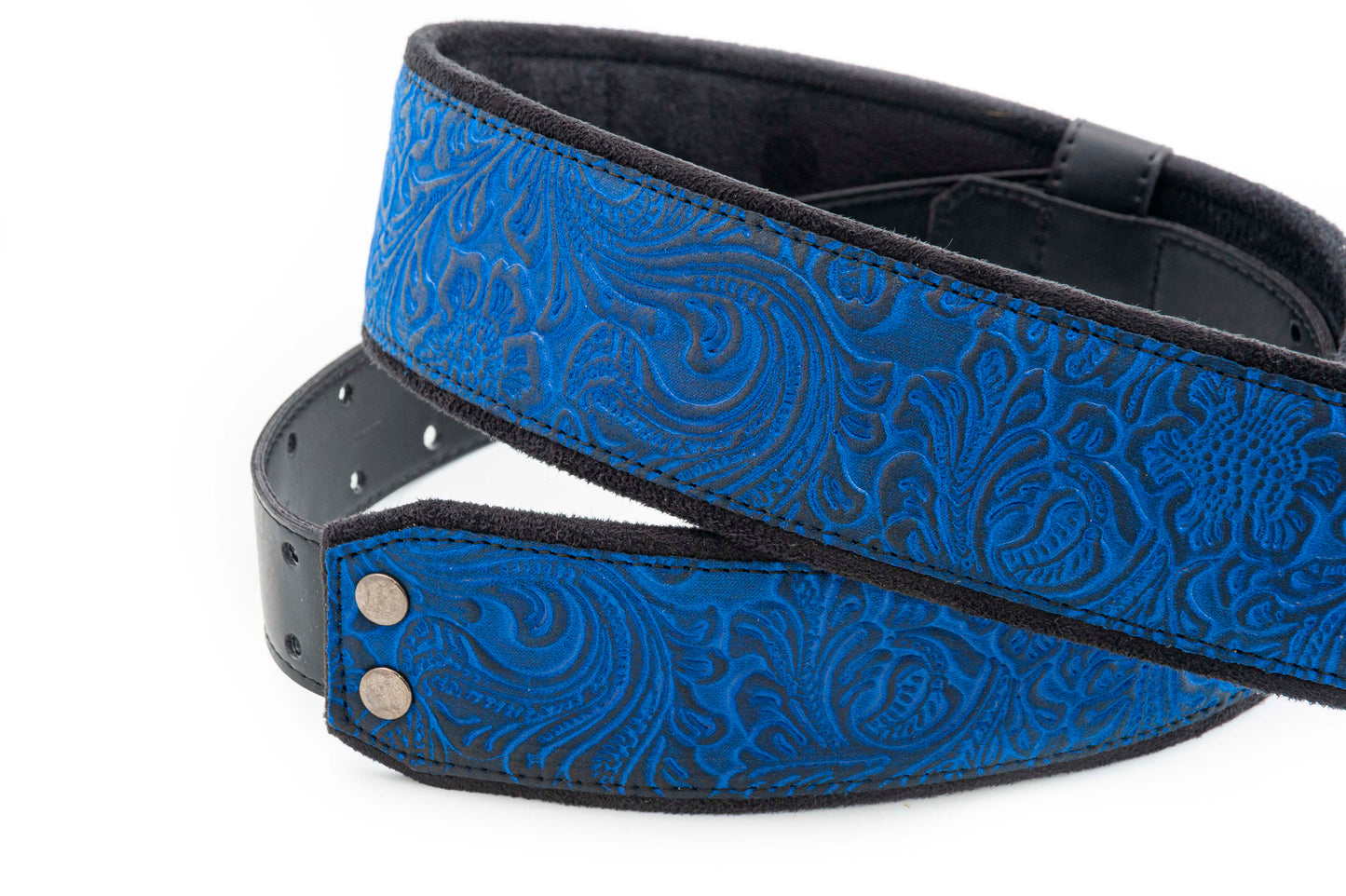 Courroie modèle SANDOKAN, extérieur synthétique et tissu, largeur 6 cm, longueur 100 à 145 cm, porte-médiators intégré, bleu