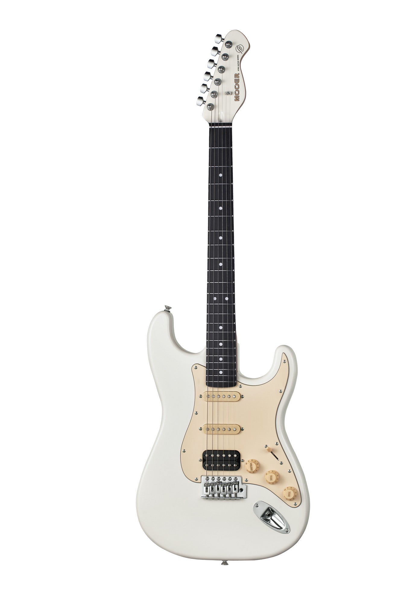 MOOER MSC10PRO, corps peuplier, manche érable torréfié satiné, touche ébène tech, blanc vintage, avec housse