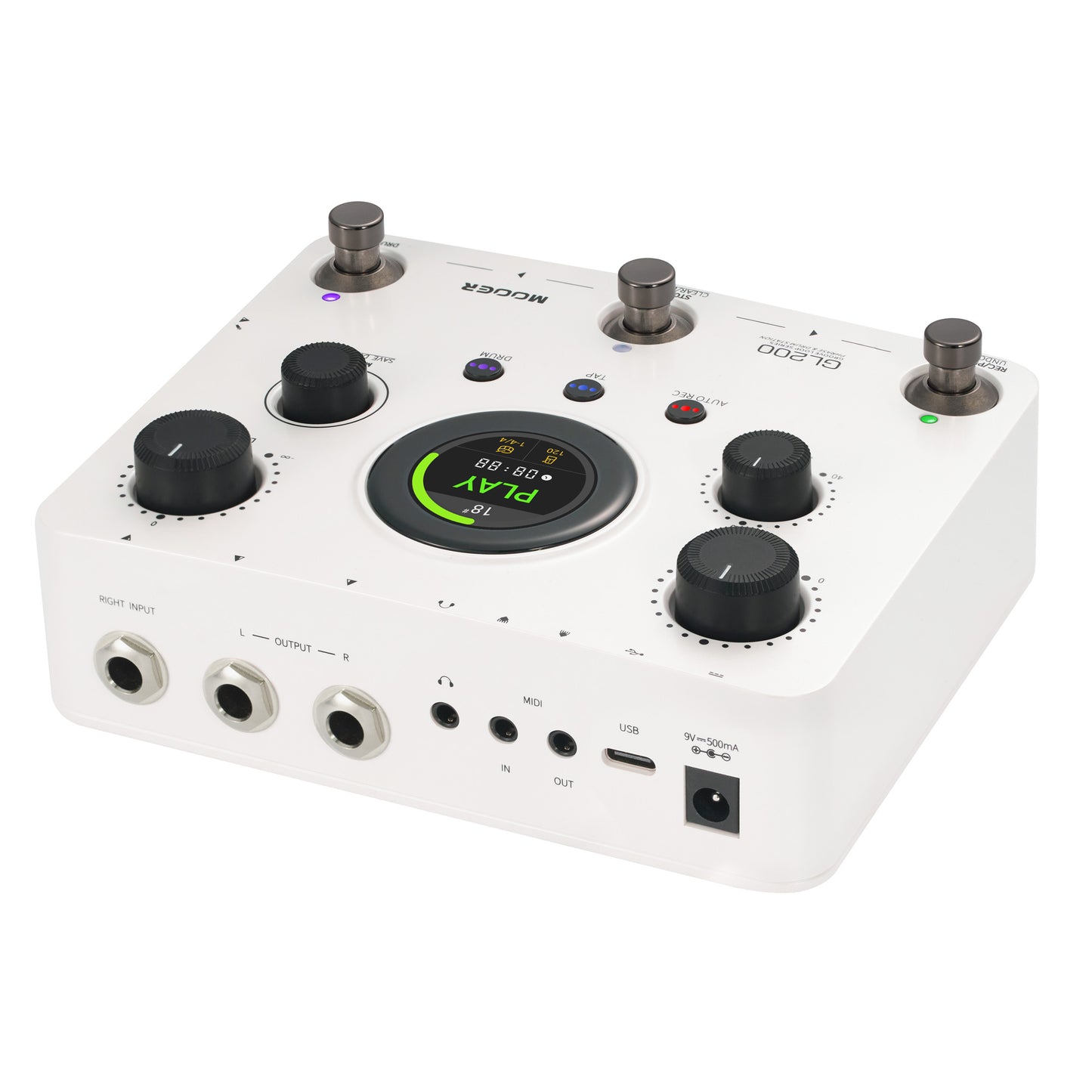 Pédale Mooer GL200, looper stéréo et boîte à rythmes, jusqu'à 300 minutes d'enregistrement, entrée combo XLR/Jack, MIDI, blanc