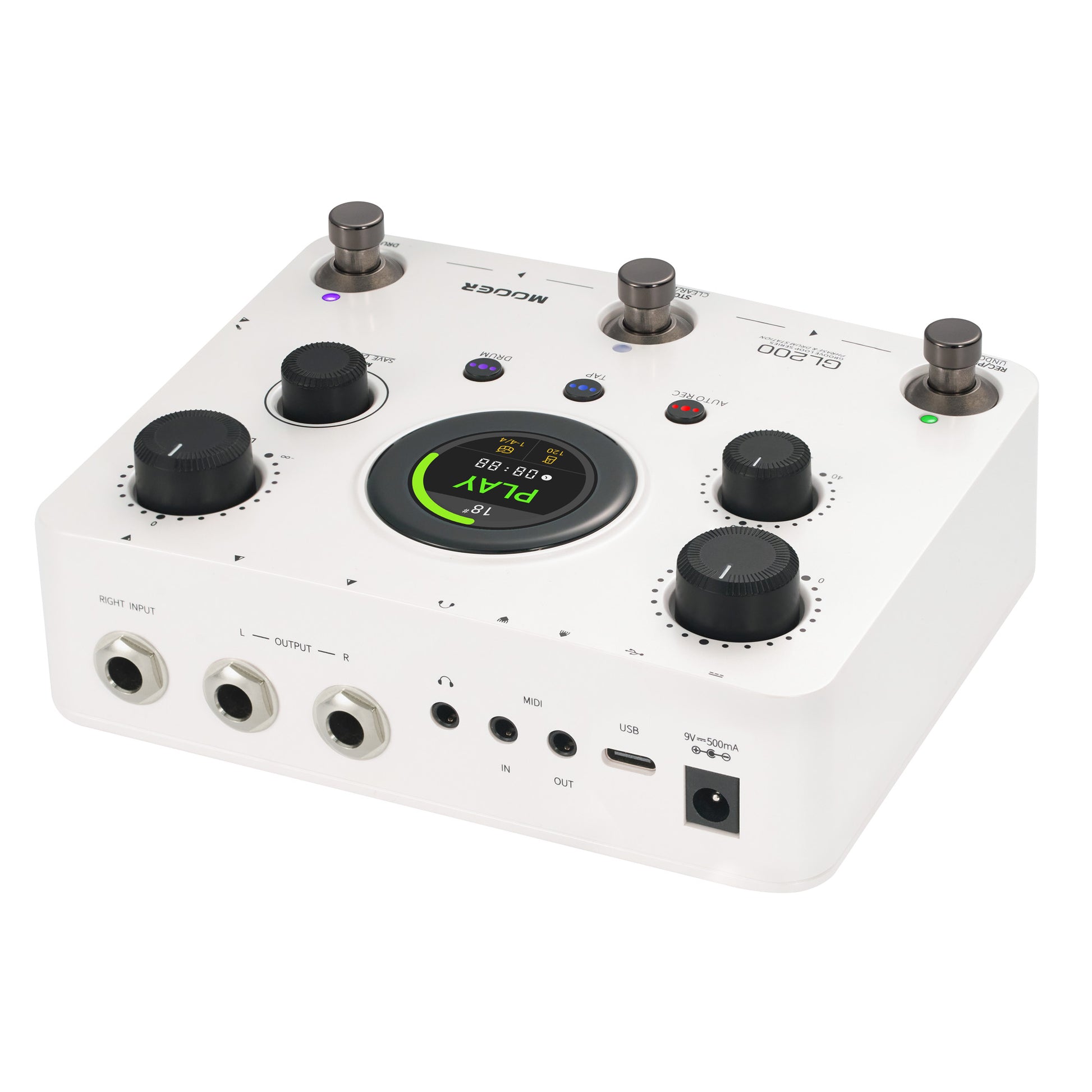 Pédale Mooer GL200, looper stéréo et boîte à rythmes, jusqu'à 300 minutes d'enregistrement, entrée combo XLR/Jack, MIDI, blanc