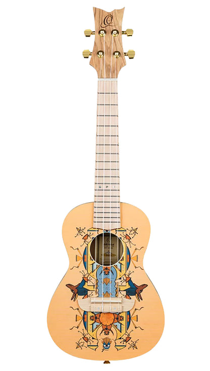 RUAR-EY, modèle Concert, table épicéa avec motif custom, fond & éclisses catalpa, manche nato, motif"Egypte" satiné