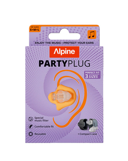 PartyPlug, deux bouchons d'oreilles universels thermoplastiques, atténuation 19 dB, 3 embouts, étui, transparent