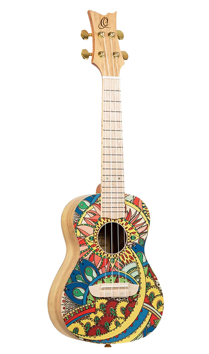 RUAR-MI, modèle Concert, table épicéa avec motif custom, fond & éclisses catalpa, manche nato, motif"Inde mystique" satiné