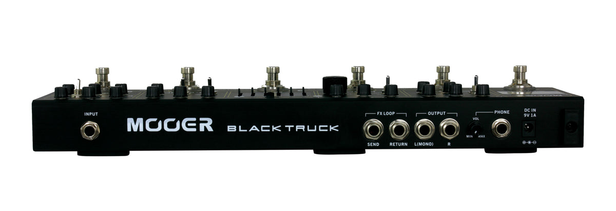 Pédalier BLACK TRUCK, 6 pédales d'effet (Compresseur, Overdrive, Distorsion, EQ, Modulation, Délai/Réverb), noir