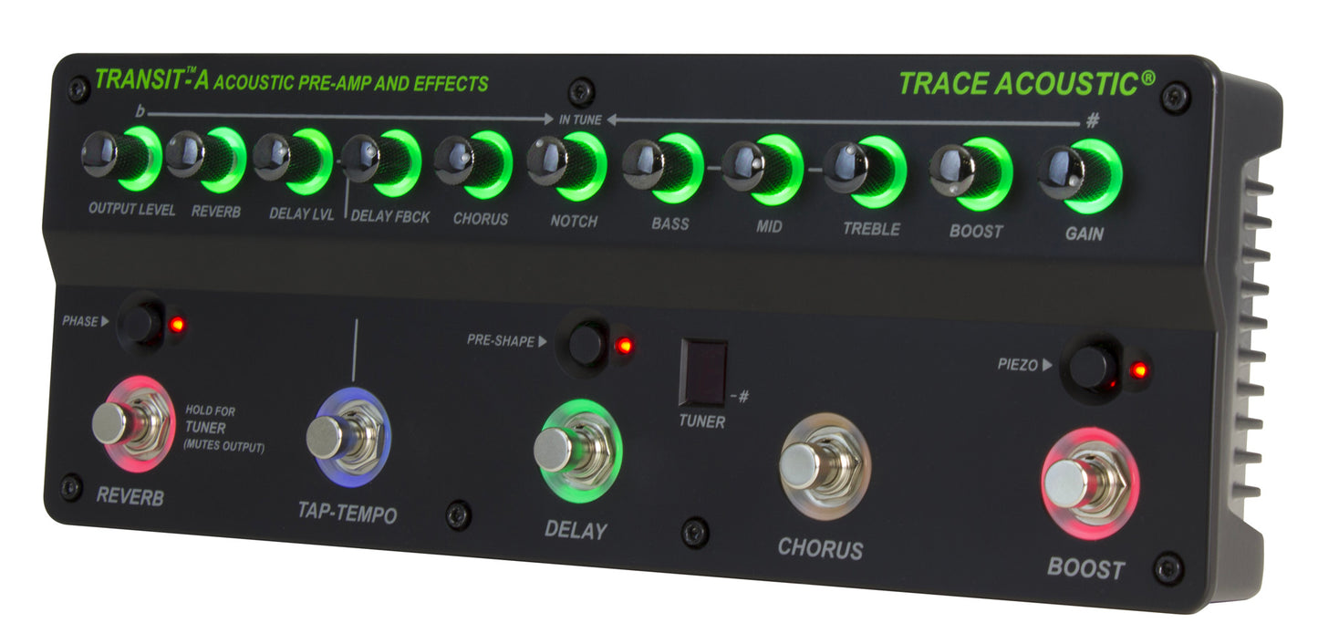 Pédalier d'effets et préampli acoustique, EQ 3 bandes, Notch, reverb, delay, chorus, rétroéclairé, accordeur, finition noir
