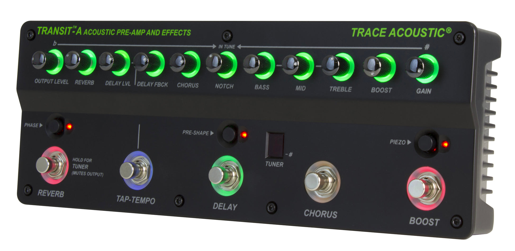 Pédalier d'effets et préampli acoustique, EQ 3 bandes, Notch, reverb, delay, chorus, rétroéclairé, accordeur, finition noir