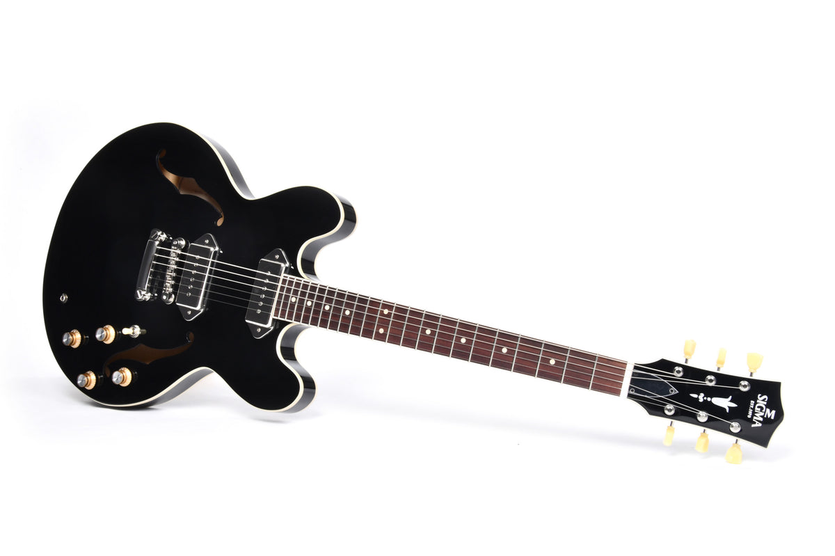 Modèle HBA-102P, Forme Semi-Hollow, table érable, f/e érable, touche palissandre, 2 micros P90 DogEar, noir brillant, soft case
