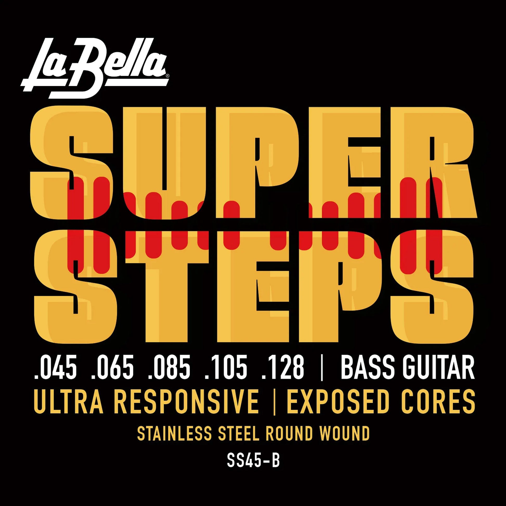 Jeu pour basse électrique SUPER STEPS, acier inoxydable, filé rond avec âme exposée, 5 cordes Custom Light (45-65-85-105-128)