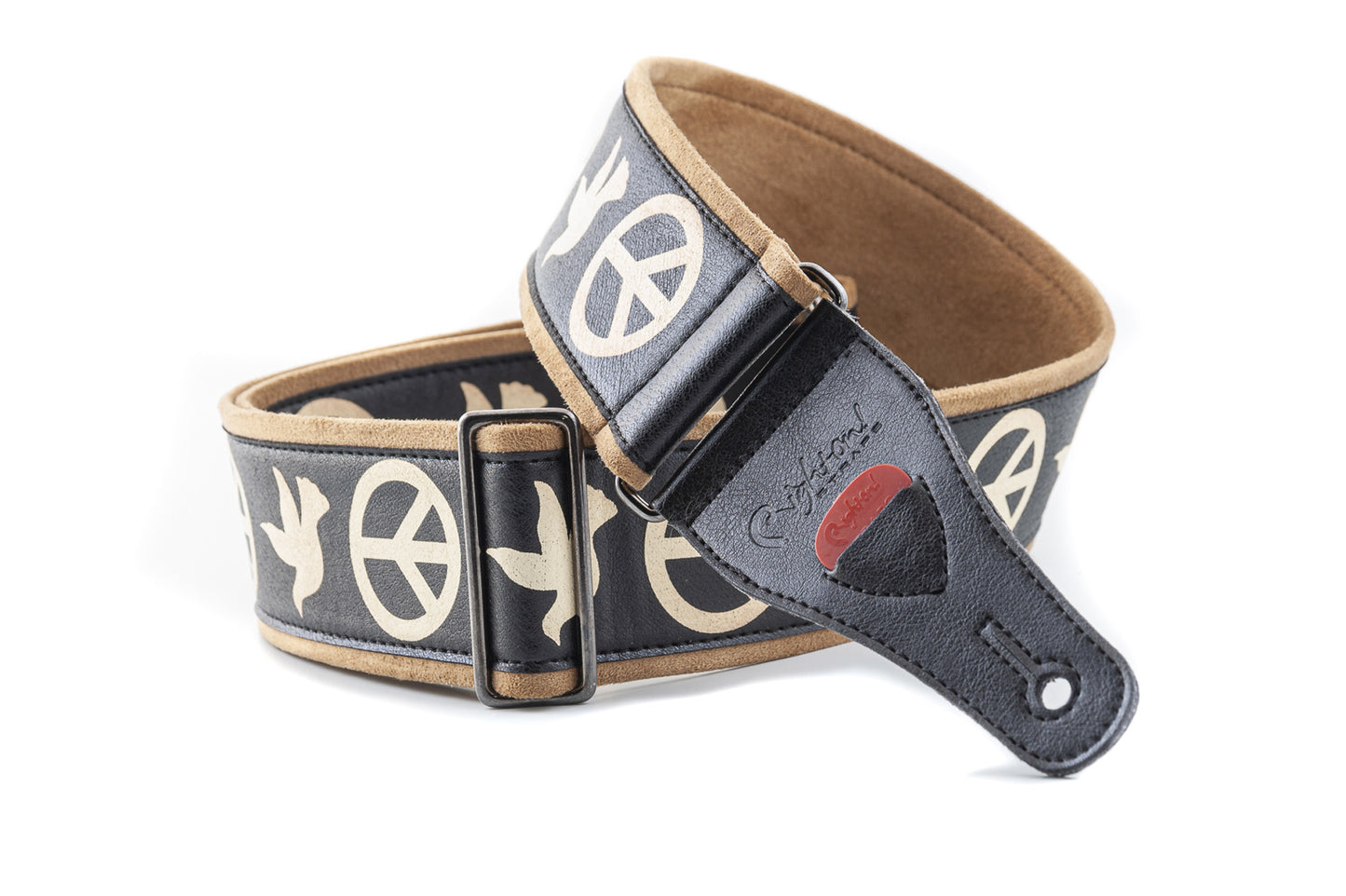 Courroie modèle LEGEND PEACE&DOVES, synthétique, largeur 6 cm, longueur 90 à 150 cm, porte-médiators intégré, noir