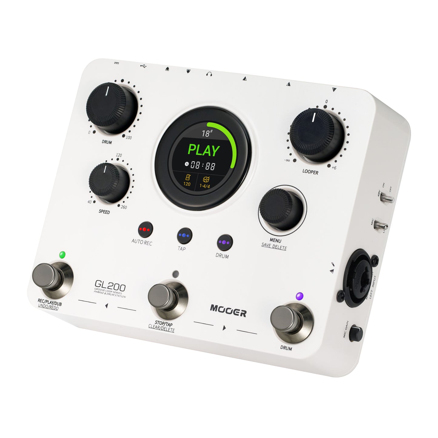 Pédale Mooer GL200, looper stéréo et boîte à rythmes, jusqu'à 300 minutes d'enregistrement, entrée combo XLR/Jack, MIDI, blanc