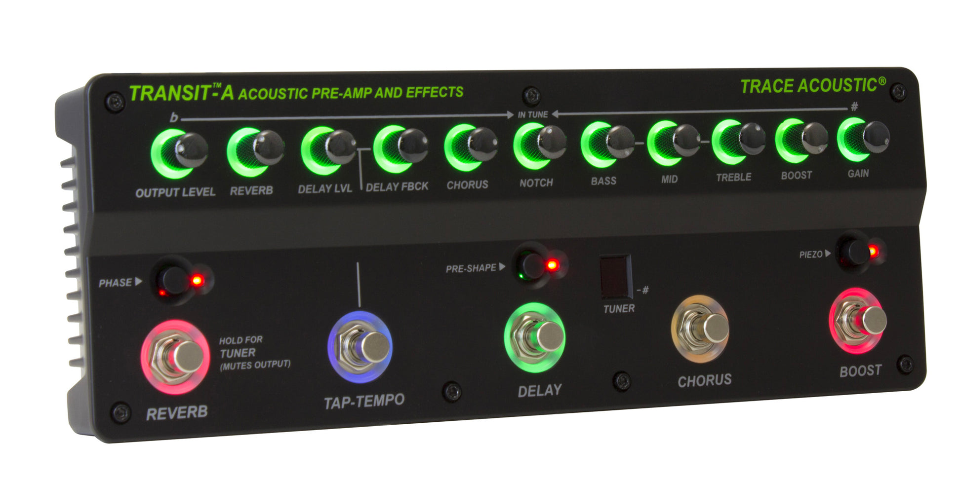 Pédalier d'effets et préampli acoustique, EQ 3 bandes, Notch, reverb, delay, chorus, rétroéclairé, accordeur, finition noir