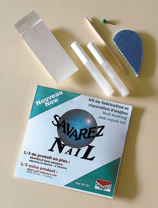Kit de fabrication et réparation des ongles comprenant 1 flacon de résine, 1 abrasif, 1 soie