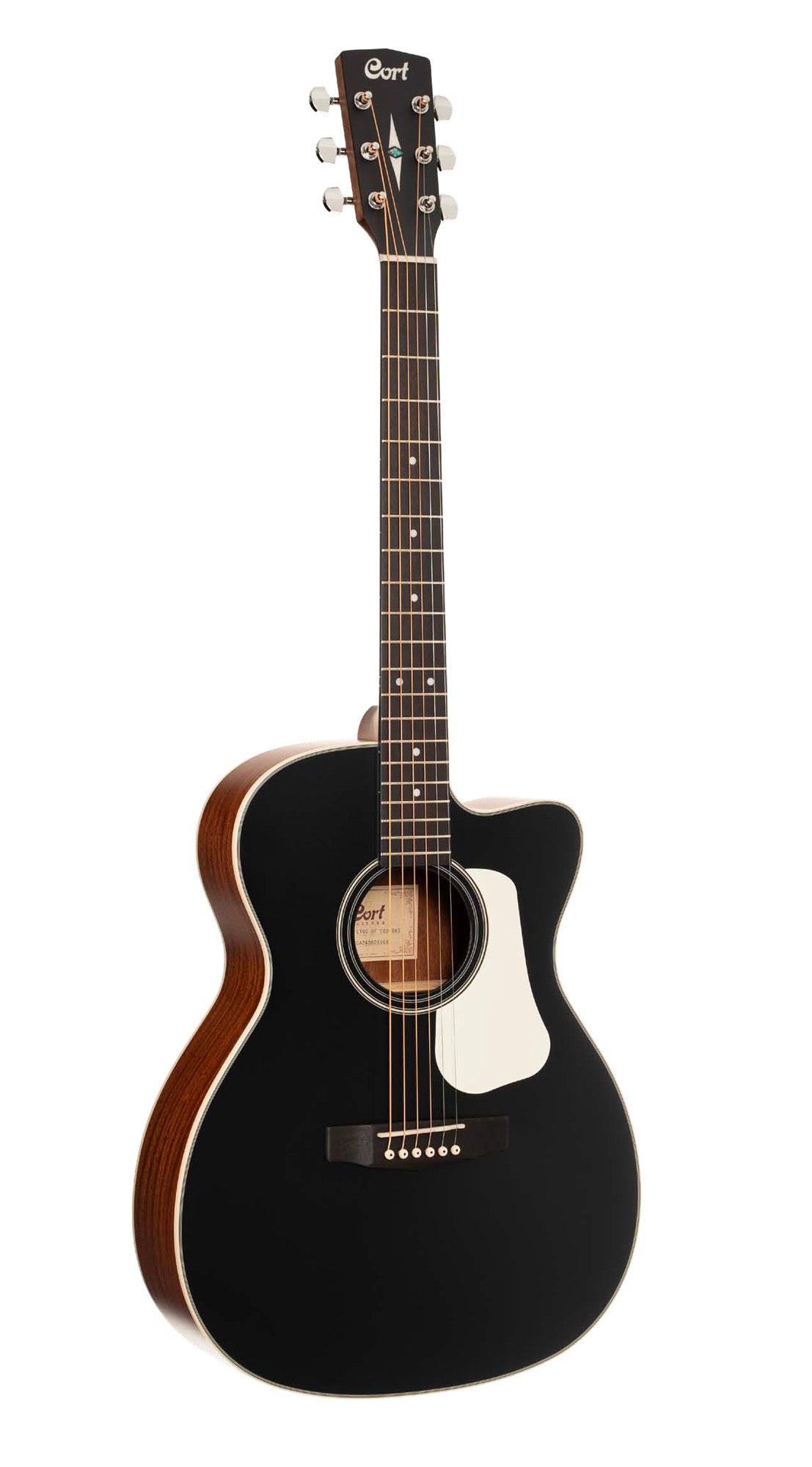 L100-OCF, forme Orchestra Model pan coupé, table cèdre rouge massif, fond & éclisses acajou, EQ Fishman Presys VT, noir satiné