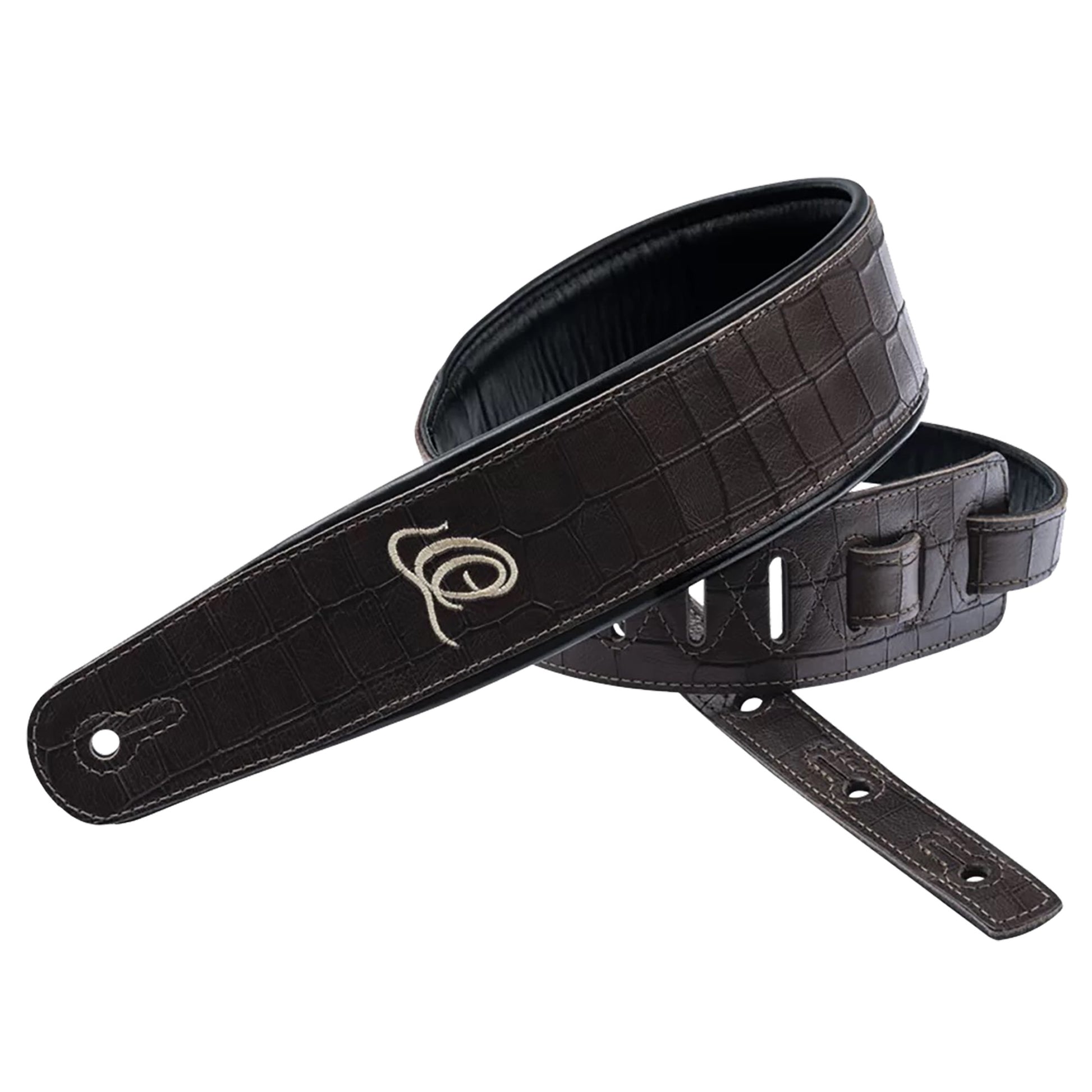 OSCU-1, courroie guitare, série Custom, face et dos cuir, âme synthétique, largeur 7 cm, longueur 145 cm, dark brown croco